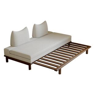 司朴中古风伸缩折叠两用实木沙发床小户型客厅书房抽拉原木布沙发