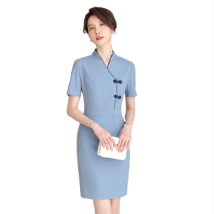 诗璐雅新中式旗袍连衣裙端庄大气高端工作服女蓝色职业裙装夏薄款