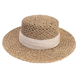 老钱风咸草编制镂空草帽子女夏季海边度假风平顶礼帽宽檐遮阳帽子