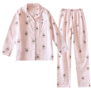 双层纱布~情侣全棉麻春秋季薄款睡衣长袖套装男夏天家居服女纯棉