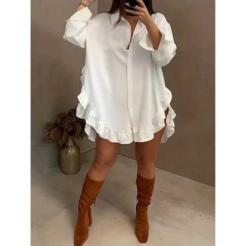 R 24109 Oversized Solid Color Hem Blouse 宽松荷叶边衬衫