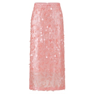 SHRO ENRO2025秋季新款高腰直筒粉色重工立体珠片后开叉半身裙女