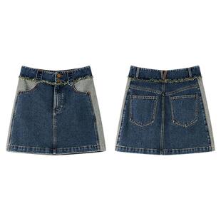 PIT复古拼接毛边A字牛仔短裙半身裙女2025夏薄款辣妹包臀裙