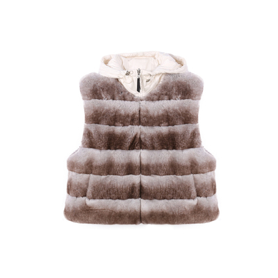 摩卡棕獭兔毛鹅绒连帽皮草马甲女