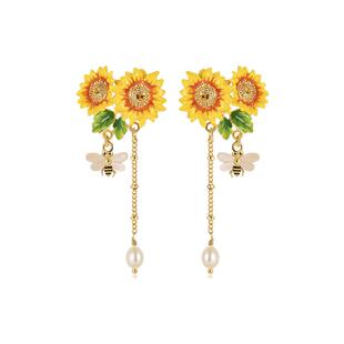 【梵高】向日葵蜜蜂长款流苏耳环女春夏耳钉耳夹轻奢小众花朵耳钉