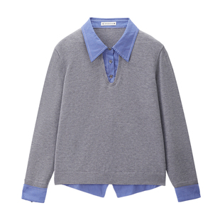 设计师款佐丹奴学院风假两件拼接格纹翻领miu系针织衫女18355611