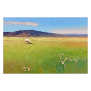 纯手绘油画领头羊草原绵羊治愈系风景画肌理感客厅装饰画餐厅挂画