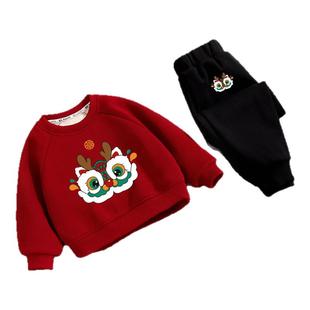 儿童红色卫衣套装新年秋冬季女宝宝裤子加厚冬装男童拜年过年衣服