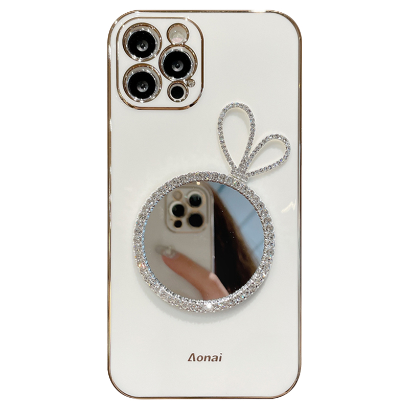 水钻兔耳朵补妆镜子iPhone16pro适用15pro手机壳14proMax超薄软硅胶12个性创意11苹果13防摔保护套