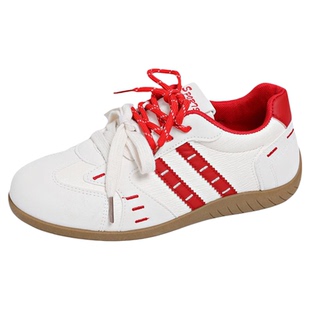 皮面德训鞋女白红双鞋带休闲运动鞋春季2026新款百搭显脚小跑布鞋