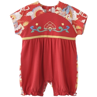百天宝宝衣服周岁礼服夏季短袖新生儿连体衣国风红色喜庆婴儿夏装