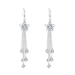 s925纯银防过敏五角星夸张流苏耳环女长款气质日韩国水晶长线耳坠