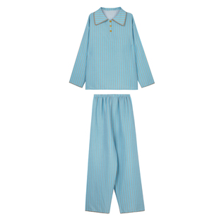 馨帮帮Homedress 慵懒条纹撞色翻领睡衣长袖长裤家居服套装女秋季
