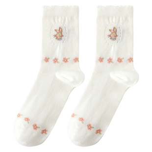 caramella春夏季新品比得兔联名中筒袜简约百搭透气网眼ins风袜子