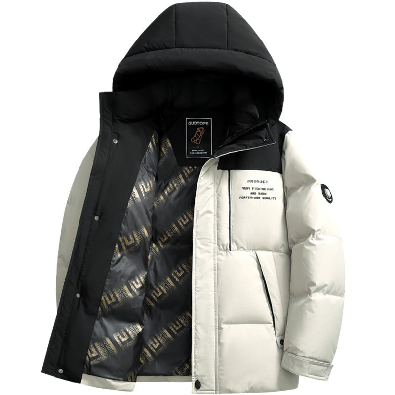 雪中飞时尚短款连帽拼色羽绒服