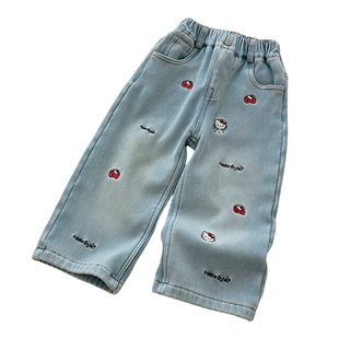 女童卡通春秋刺绣牛仔直筒裤宽松百搭洋气儿童裤子新款女玉宝时尚