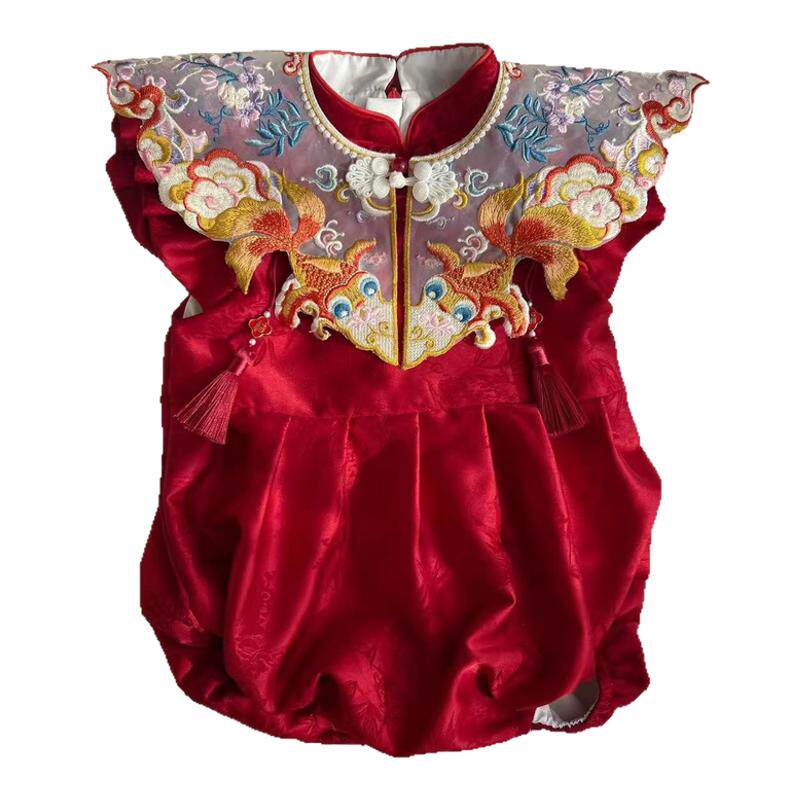 周岁女宝宝礼服夏季款抓周冠衣礼服中国风唐装生日宴百天宴包屁衣