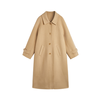 驼色100羊毛双面呢中长款大衣