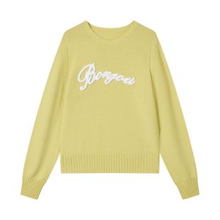 商场同款URLAZH有兰2025冬季新款黄绿色圆领撞色字母羊毛衫毛衣女