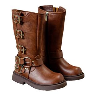 女童靴子2025春秋新款洋气皮带扣骑士牛仔靴中大童韩版软底长筒靴