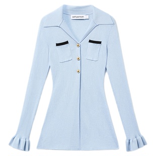 [宋祖儿同款]self-portrait 2025早秋新款薄雾蓝针织开衫上衣