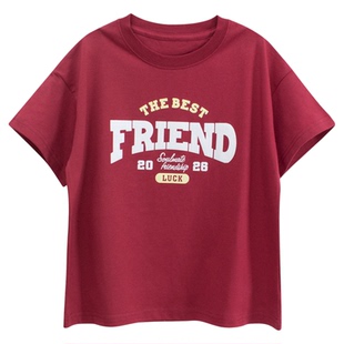 GRrr纯棉童装夏季2026新款字母印花上衣圆领女生短袖T恤宽松亲子