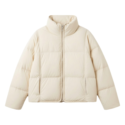 米色立领白鸭绒短款龟背羽绒服女