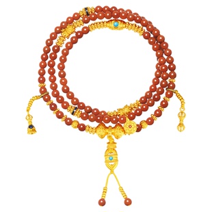 潮宏基臻金梵华108珠黄金玛瑙项链足金手链一款两戴5D硬金显大卟