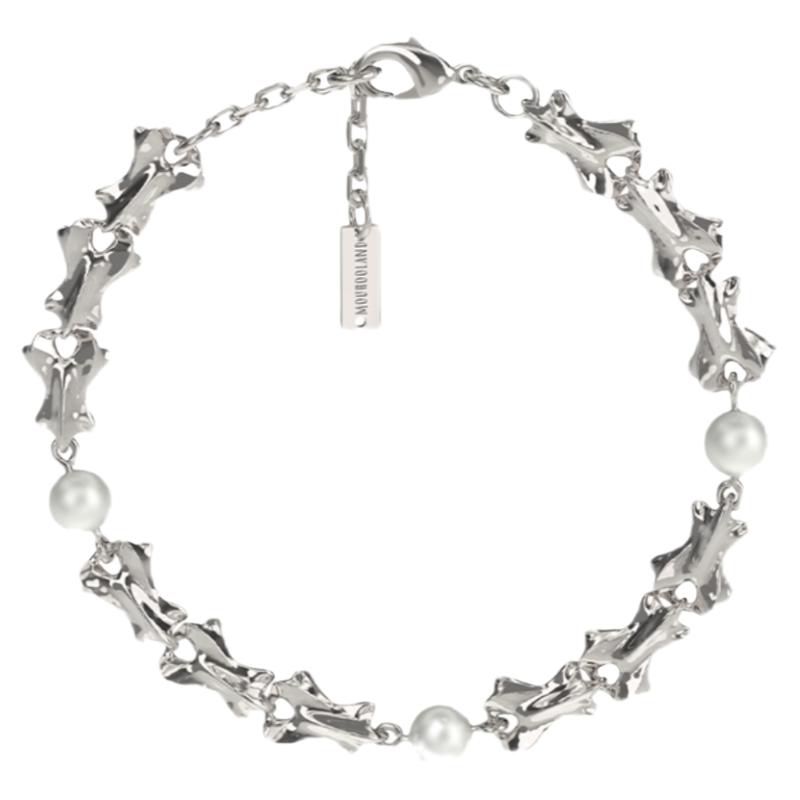 Mouhooland 珍珠链条手链于文文同款情侣原创925银异形骨手链