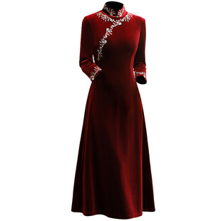 大摆藏腰显瘦旗袍2025新款秋季加厚妈妈装有大码中国风红色晚礼服