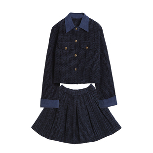 女童小香风套装秋冬新款韩系中大童轻奢高级感翻领外套百褶半身裙