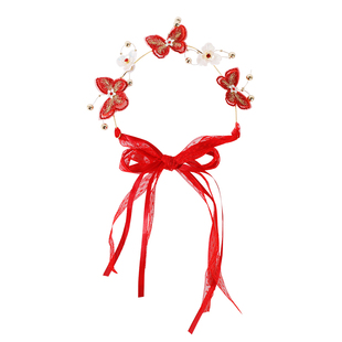 2026新款儿童编发发箍红色头饰中国风过年蝴蝶结飘带新年头箍女童
