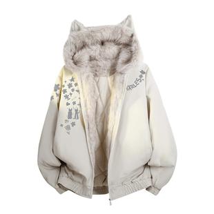 查尔斯桃心涂鸦毛领杜宾座山雕棉服男女冬季保暖连帽加厚棉衣外套