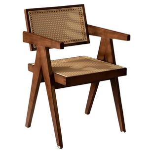 藤编实木餐椅家用靠背椅子靠背扶手侘寂风民宿椅子昌迪加尔椅