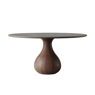 意式实木餐桌圆形带转盘现代简约家用高端复古全托哑光岩板圆桌