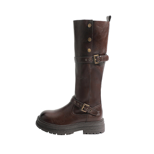 真皮~骄屿两穿复古厚底长筒靴2025新款不过膝美拉德骑士靴马丁靴