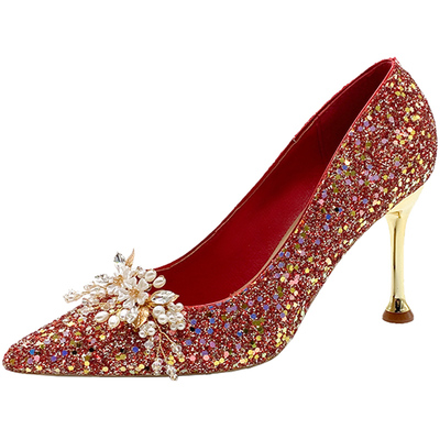 永希女鞋新娘鞋红色中式高跟鞋