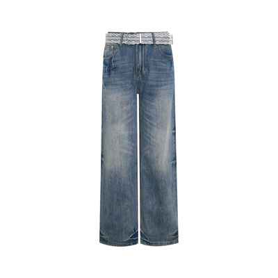 水洗裂纹低腰阔腿牛仔裤蕾丝腰带