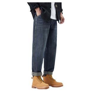 hansca蓝色直筒牛仔裤男2025春秋季复古宽松休闲水洗做旧锥形长裤