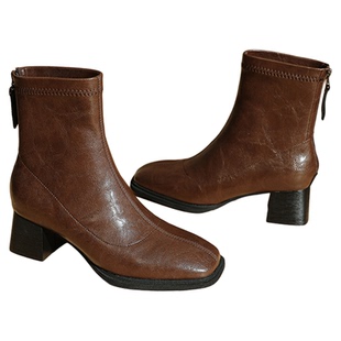 黑色短靴女2025冬季新款加绒方头粗跟瘦瘦靴高跟秋冬中筒马丁靴女