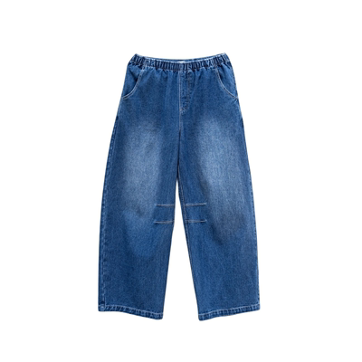 雨文她城水洗蓝长绒棉阔腿牛仔裤