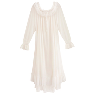 纯棉长袖睡裙女春秋甜美法式宫廷睡衣女夏公主风长裙长款白色家居