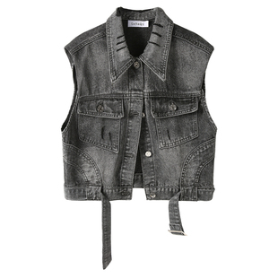 时尚百搭短款独特漂亮牛仔马夹外套女春新款复古显瘦无袖坎肩马甲