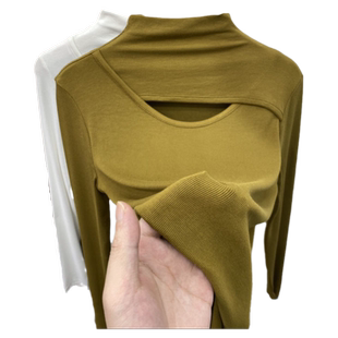 半高领春秋冬季加绒打底衫长袖t恤女设计感内搭洋气别致小上衣潮