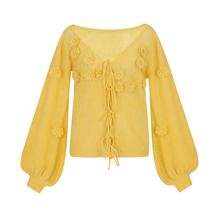 miorastudio法式复古柠黄色V领手工钩花针织开衫慵懒气质羊毛上衣