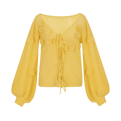 miorastudio法式复古柠黄色V领手工钩花针织开衫慵懒气质羊毛上衣