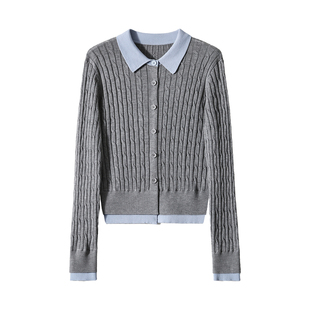 100%纯棉2025秋冬学院风假两件拼色麻花针织开衫女翻领纽扣毛衣