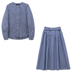 鹿与飞鸟“芬格周末”学院感棉纺蓝白格衬衫|A字半裙6619/6632