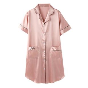 睡裙女夏季冰丝短袖薄款衬衫开衫睡衣裙子高级感夏天仿真丝绸中裙