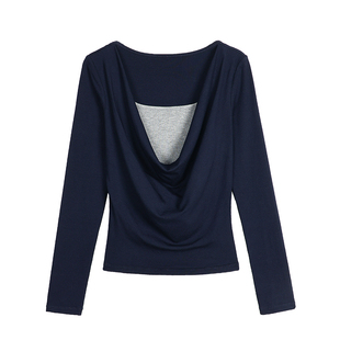 pusumede 冷调女高 假两件荡领针织衫女设计感撞色收腰内搭上衣